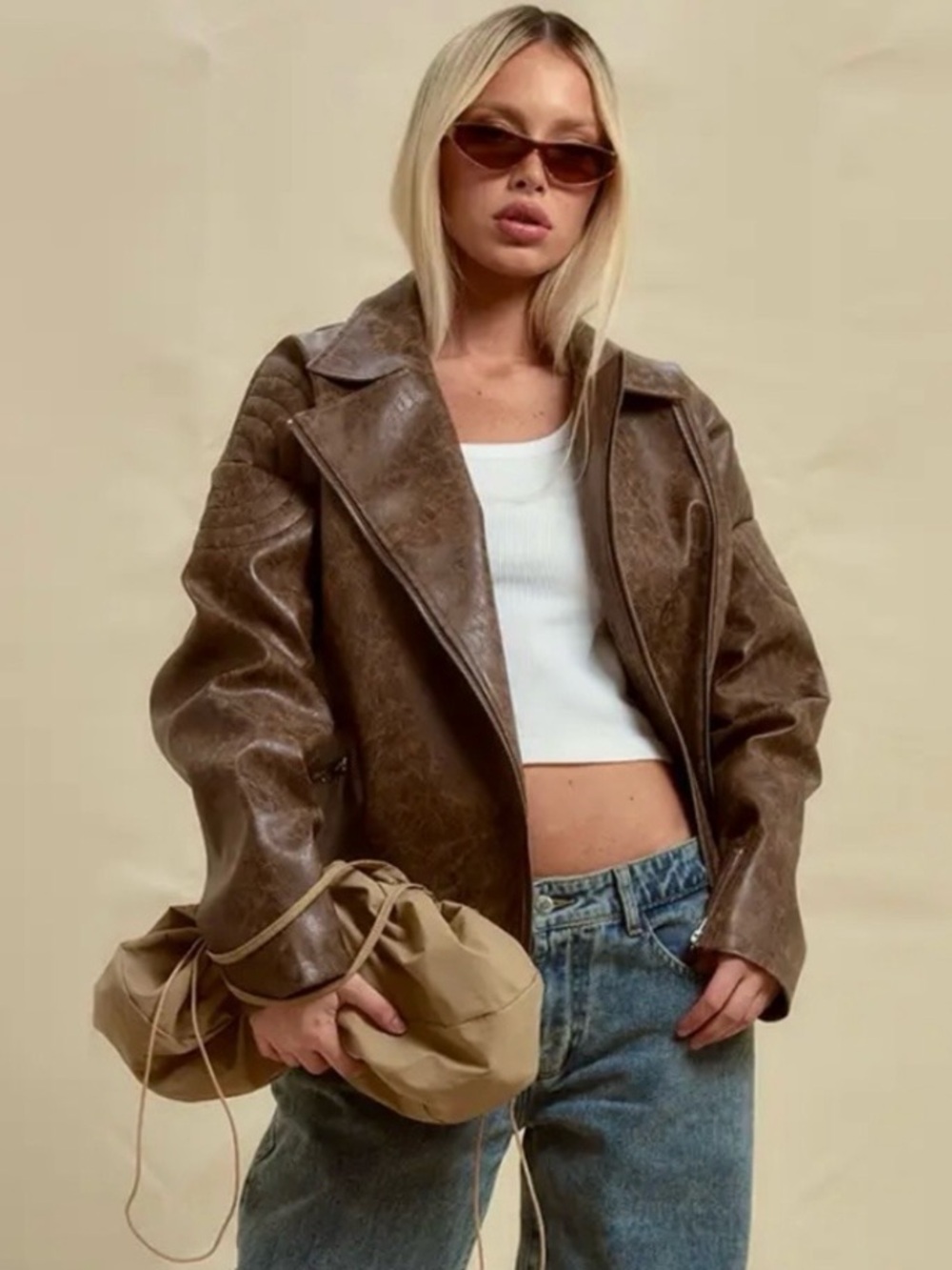 PrettyLittleThing New Brown Oversized Faux Leather Biker Moto Jacket 10 Large
